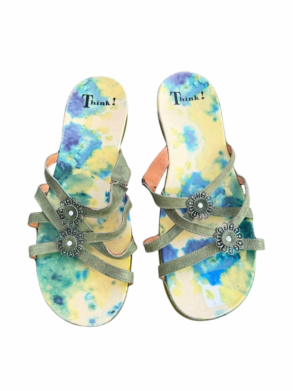 Think! Leather Slide Sandals Floral Medallion Tie Dye Footbed Women’s 11